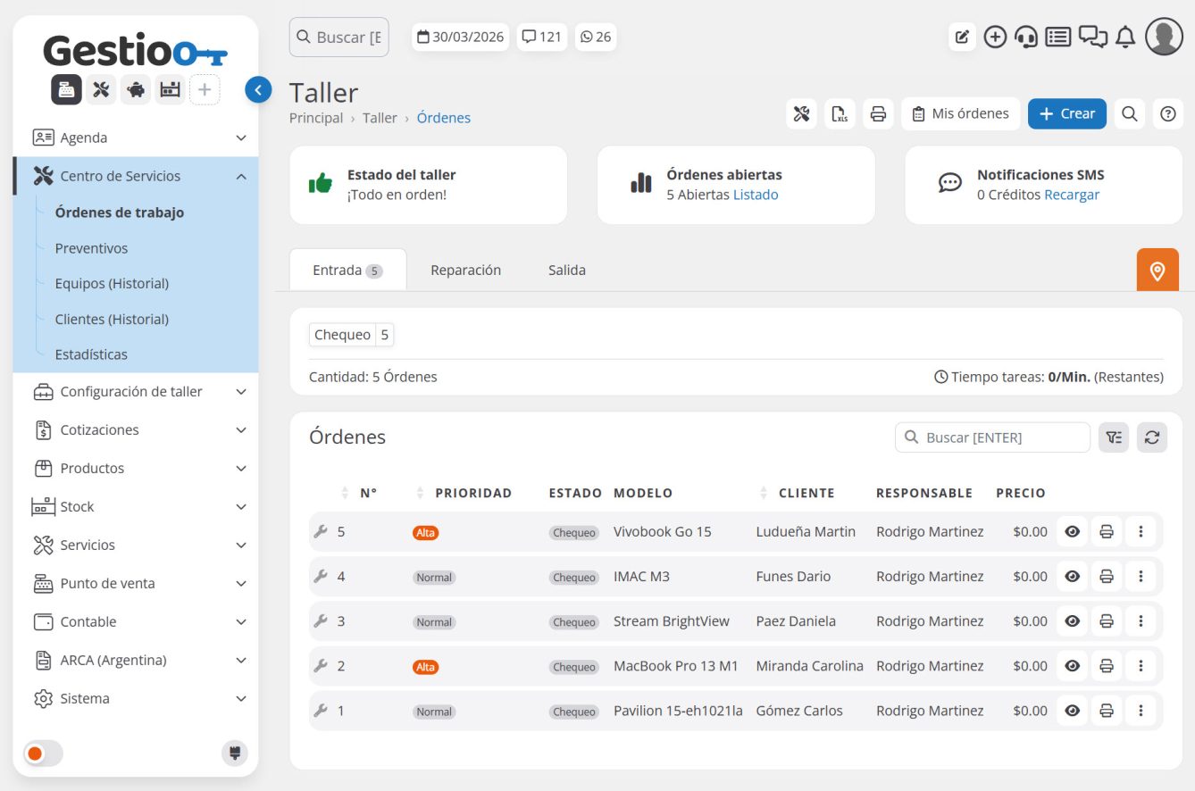 Interfaz del software Gestioo: módulo de Taller con órdenes de trabajo