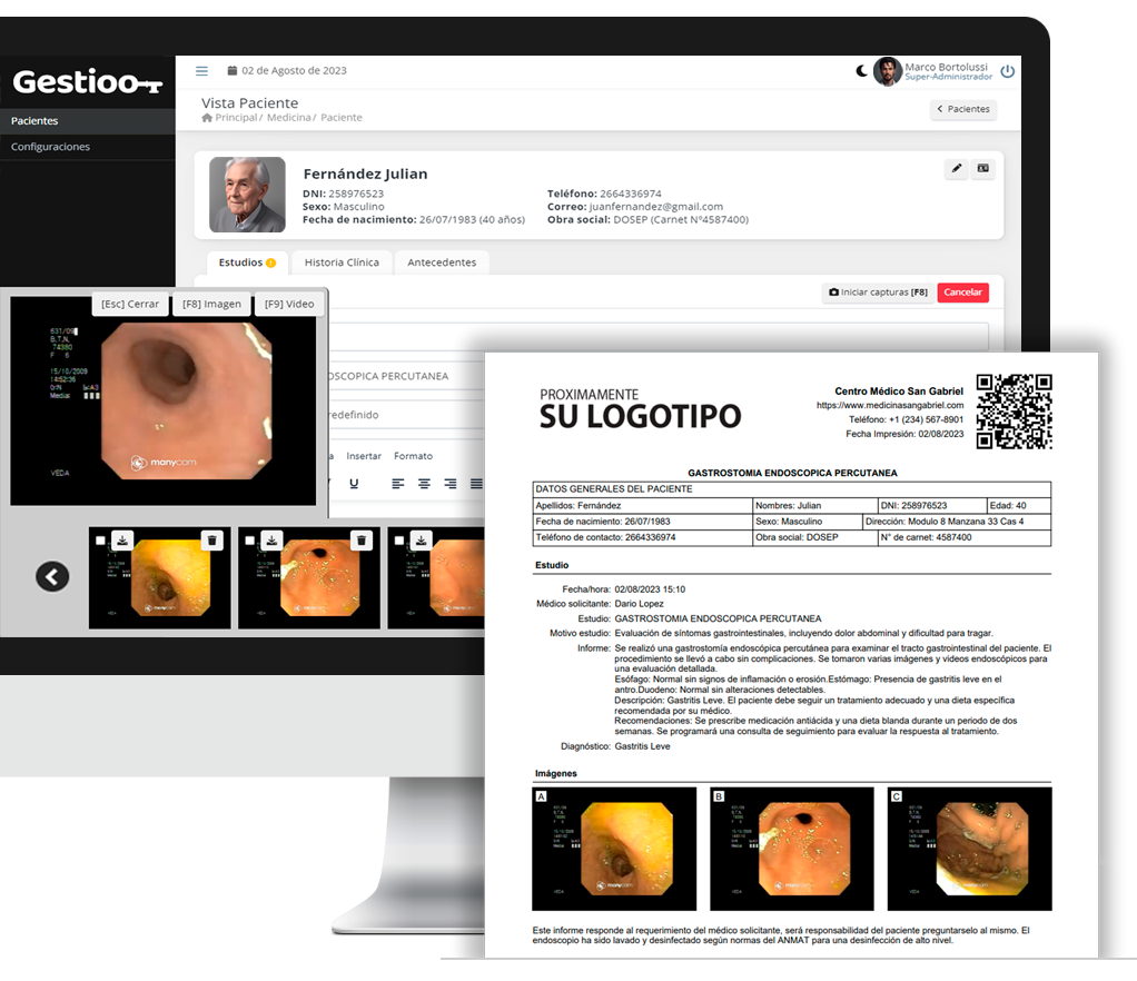 Estudio médico con imágenes capturadas y anotaciones sobre el informe