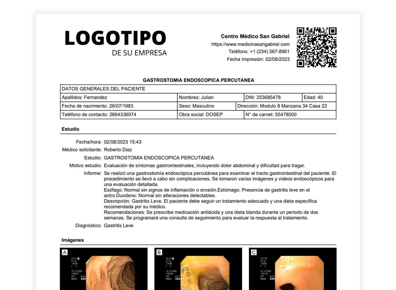 Estudios y documentos PDF personalizados con el logotipo del centro médico