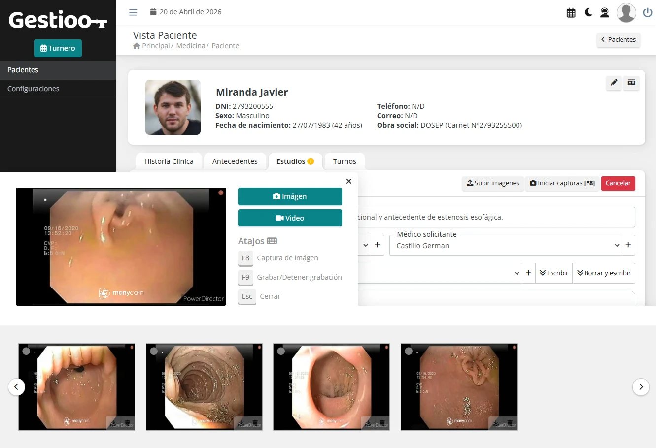 Interfaz del software Gestioo para medicina: ficha de estudio del paciente