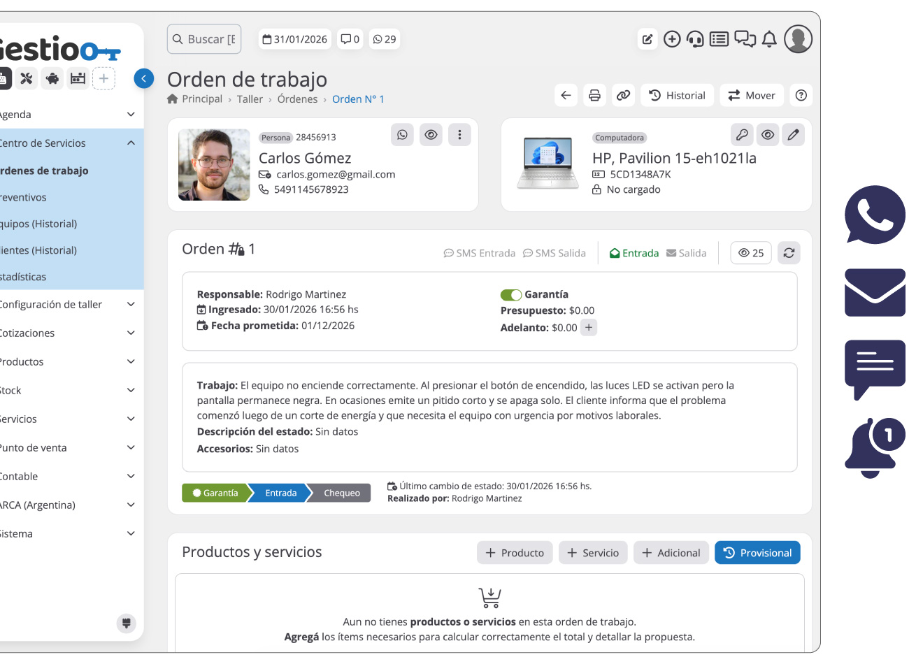 Notificaciones por email, SMS y WhatsApp desde la orden de trabajo