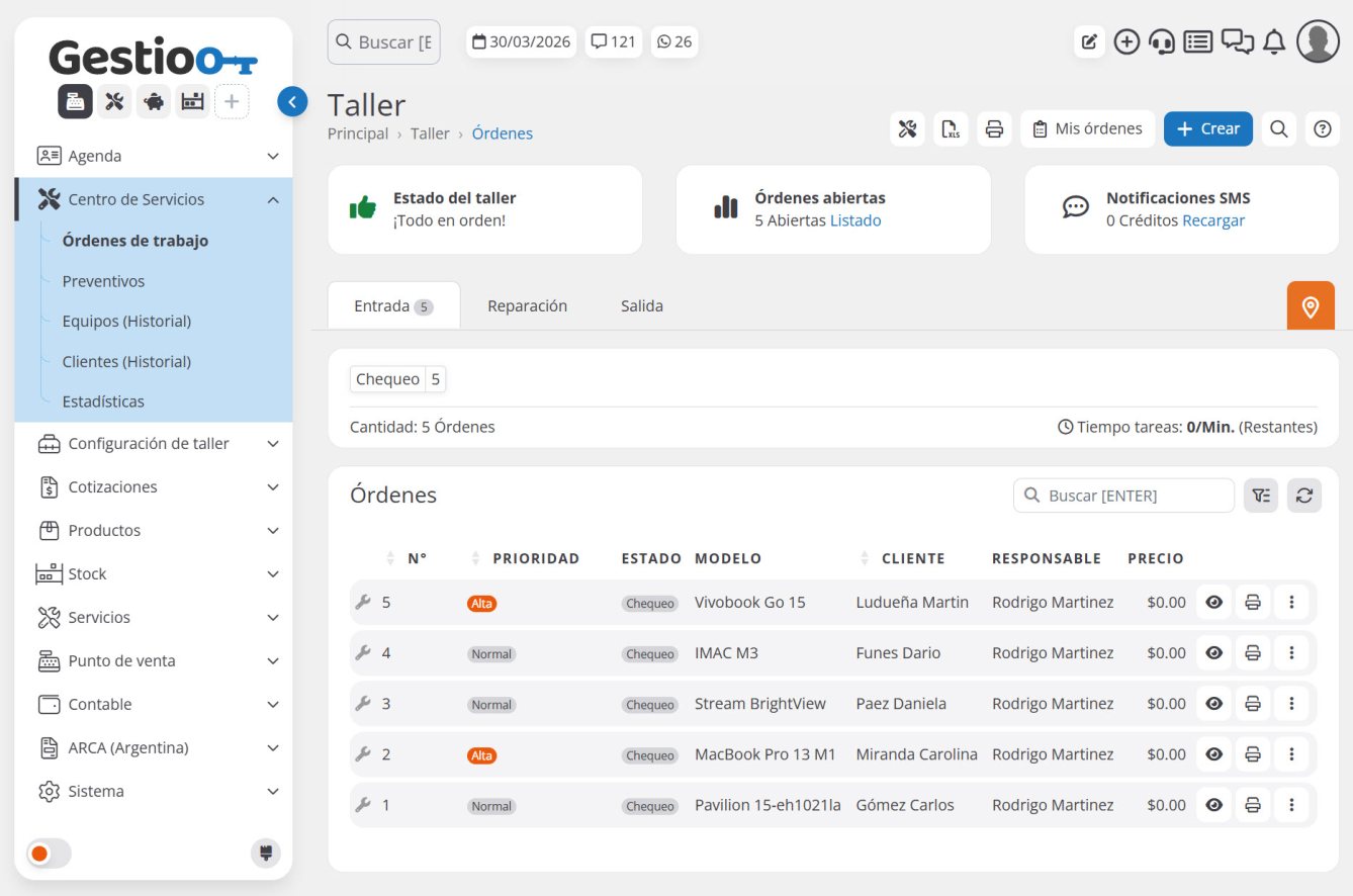 Interfaz del software Gestioo para talleres: módulo de órdenes de trabajo