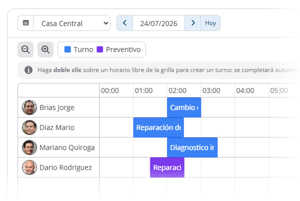 Calendario de turnos y mantenimientos preventivos del taller